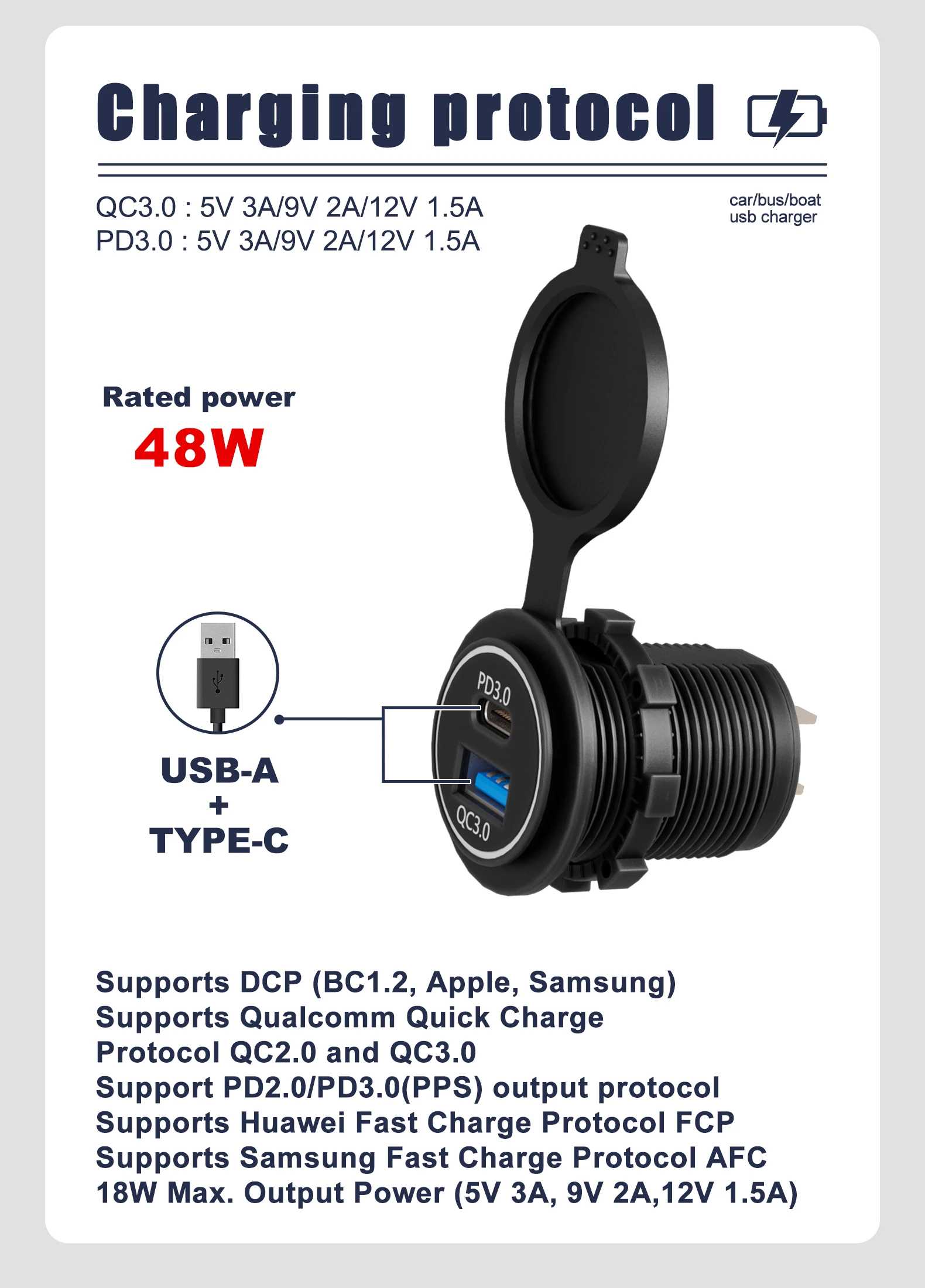 Embedded Dc 12V 24V 2 Port Pd Qc 3.0 Dual Usb Port Mobile Phone Charger Outlet Socket Usb Charger For Caravan Truck Trolley