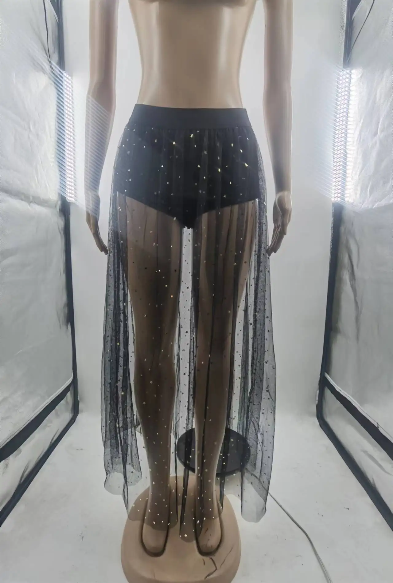 New design summer sexy club wear 2022 shiny Pack Hip lace high waisted girls long pleated mesh tulle skirt with panties