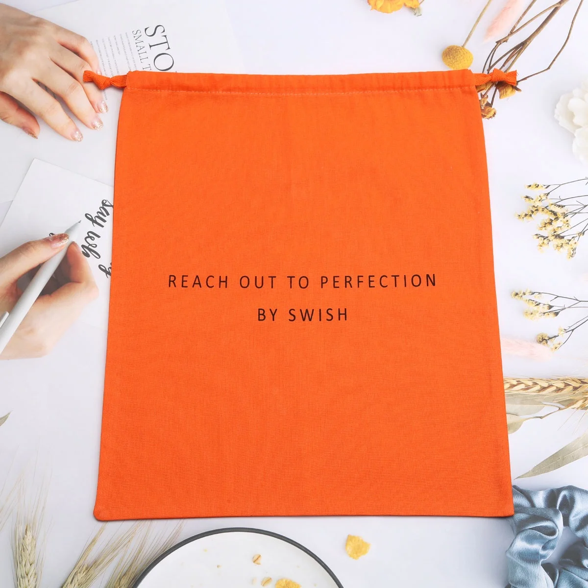 Custom Size Organic Orange Cotton Drawstring Dust Bag For Shoe Christmas Gift Logo Printed Cotton Linen Pouch Shopping Bag