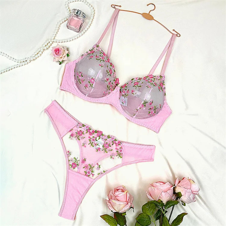 New Fat MM Sexy three-point backless Transparent Lace C Embroidery Sexy Underwear Set