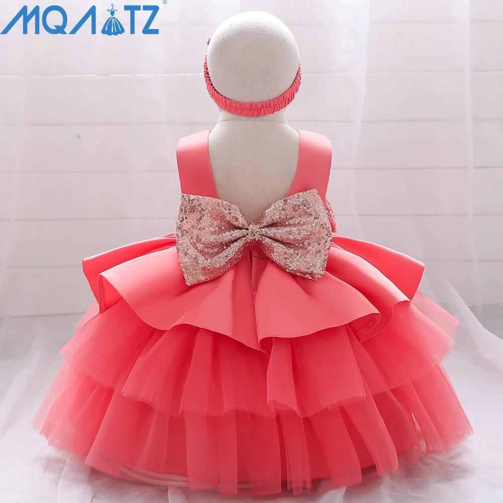 MQATZ Red baby girl party dress floral christening event frock little princess skirt with free hairband