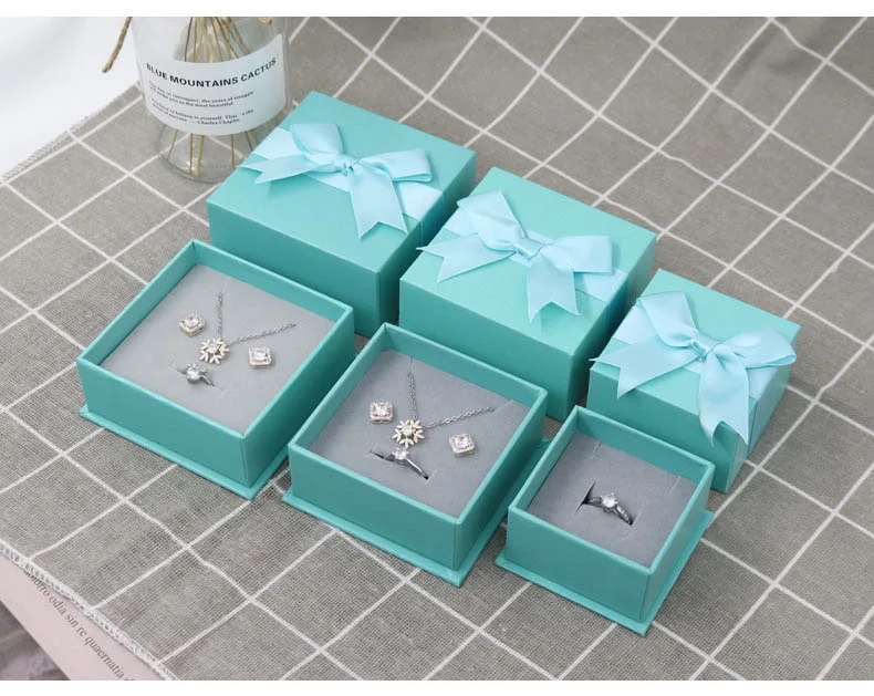 Xinfly Rectangle  Ribbon Bow Imitation Leather Paper Jewelry Gift Box Necklace Ring Earrings Paperboard Packaging Custom Logo