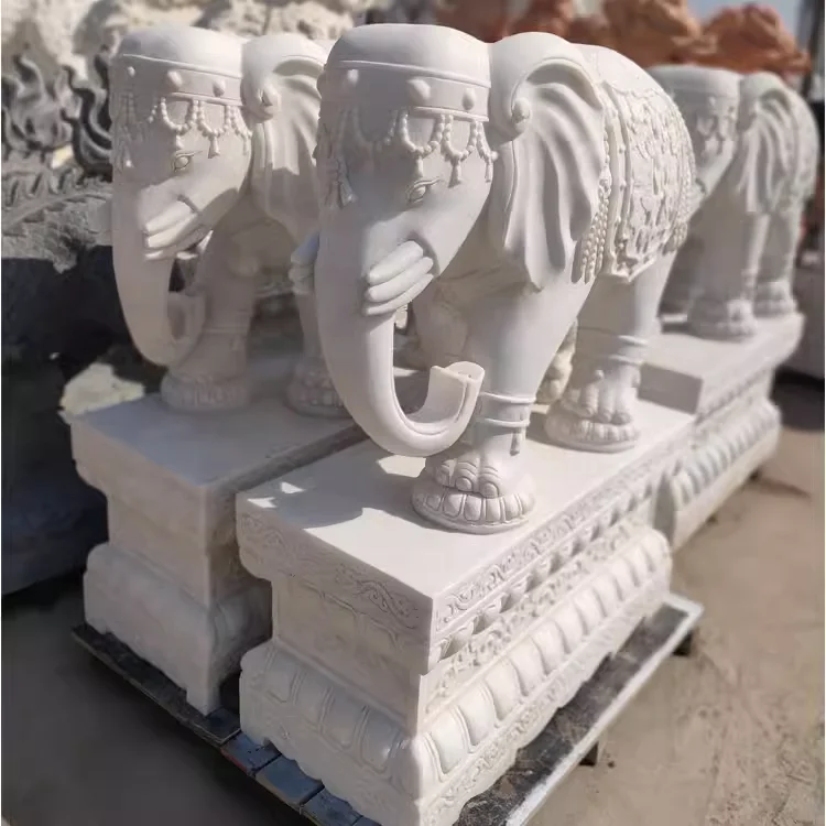 Hot Selling Modern Design Outdoor Stone Carving Decoration Human-Sized Marble Elephant Statue for Park Courtyard Decor