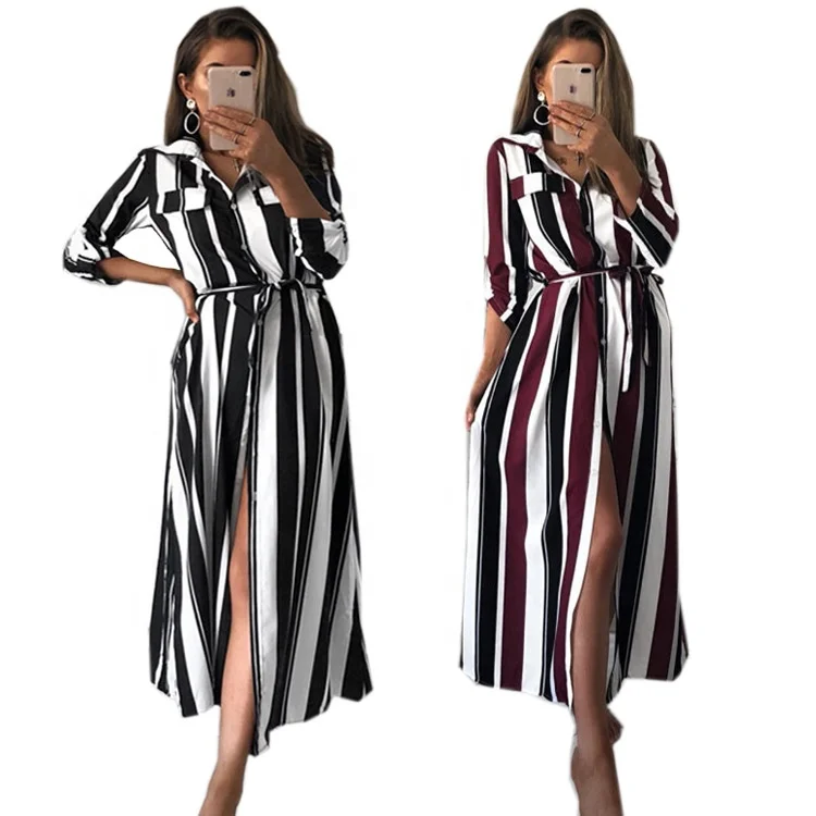 Spring Summer Office Ladies Turn Down Collar Stripe Long Shirt Dresses Women Casual T-Shirt Dress