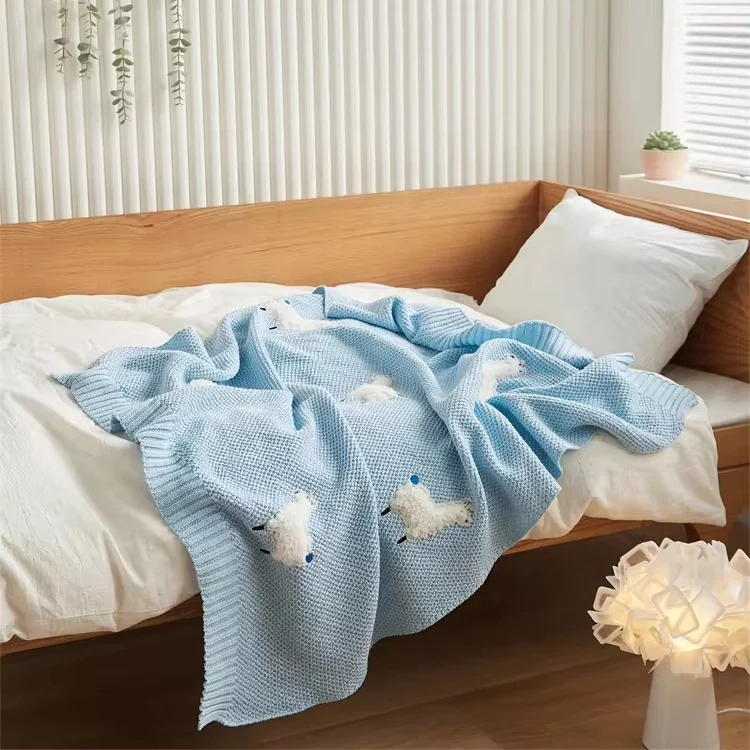 High Quality  100% Cotton  Cute Sheep Jacquard Baby Knitted Throw Blanket For Children and Newborn Baby Blanket SX