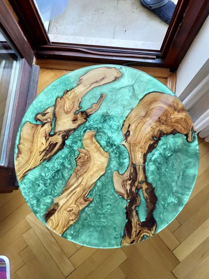 Free Sample Wooden Home Furniture Round Blue Walnut Wood  Ocean Epoxy Coffee Resin River Office Living Room Side  Table
