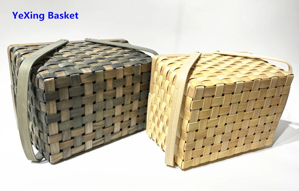 Picnic basket ,woodchip Hand made basket with lid ,natural color out side basket