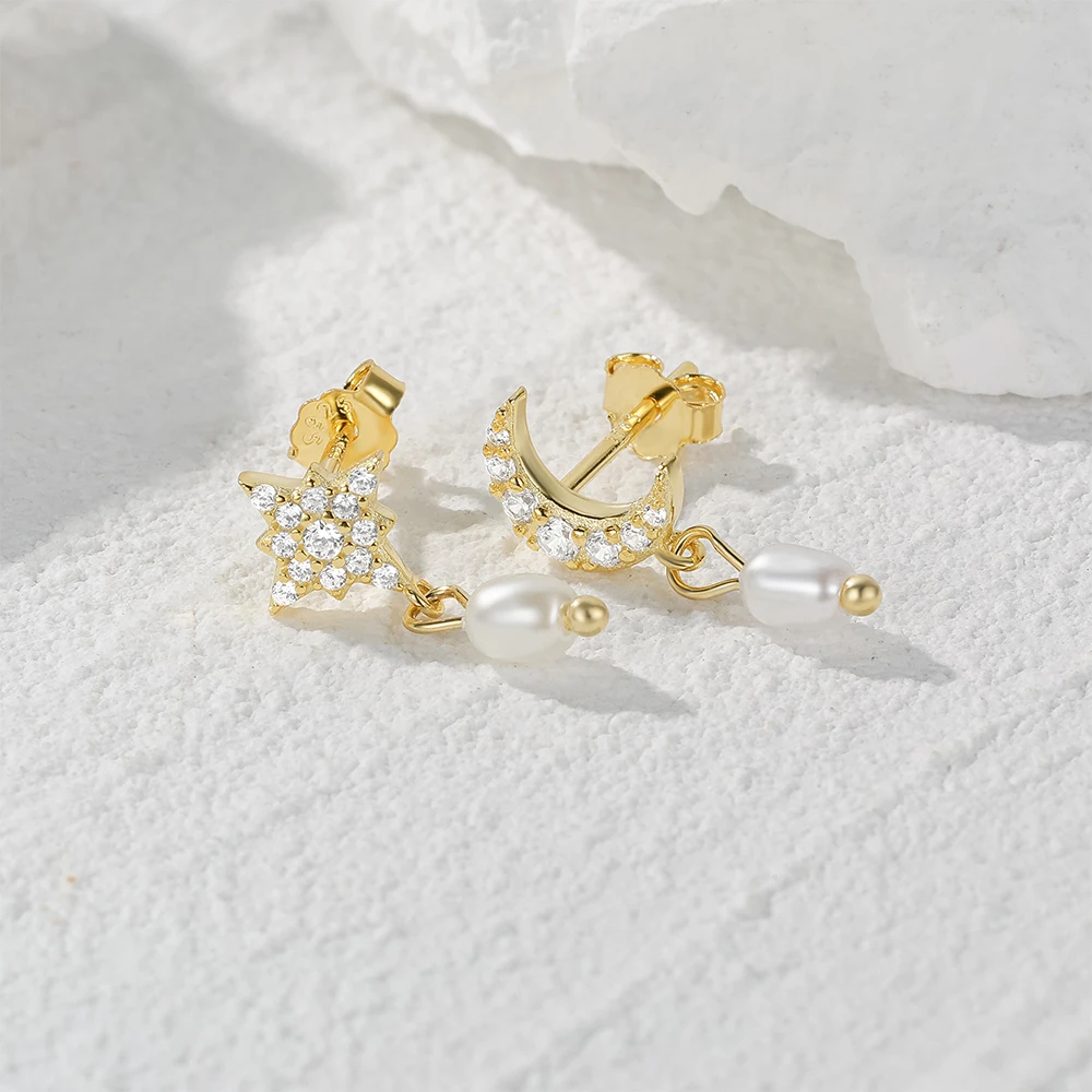 Handmade Fashion Trend Unique Gold Fashion S925 Sterling Silver Personality Star Moon Set With Pearl Pendant Eardrop Earrings
