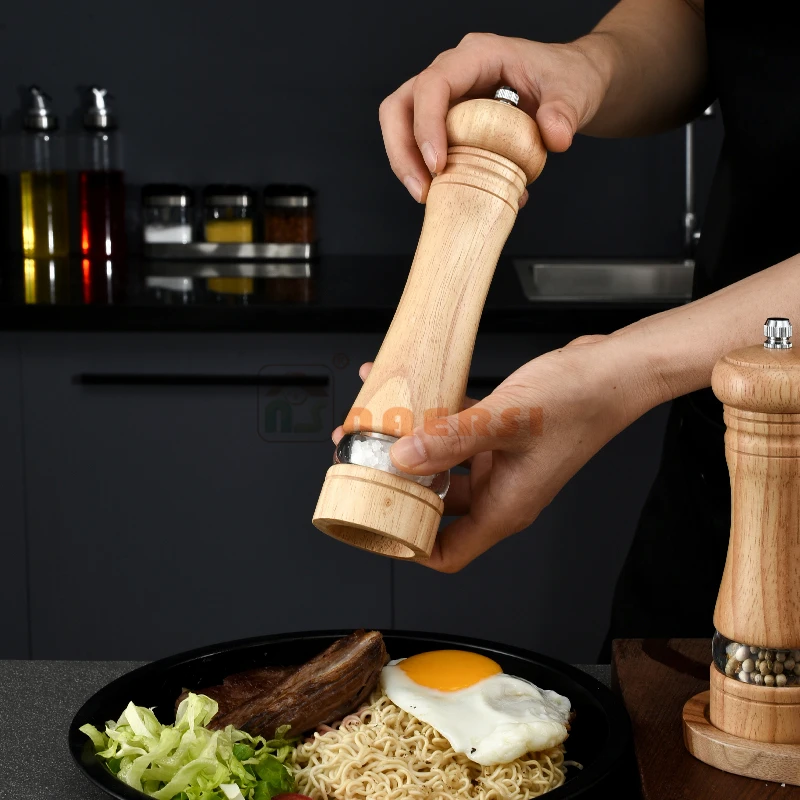 Premium 6 8 10inch oak Wood Manual Spice grinder Salt Pepper Mills sets with Acrylic visible window for home kitchen