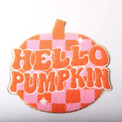 Custom large chenille patches low MOQ Halloween big iron on gold glitter orange checked Hello pumpkin chenille patches for women