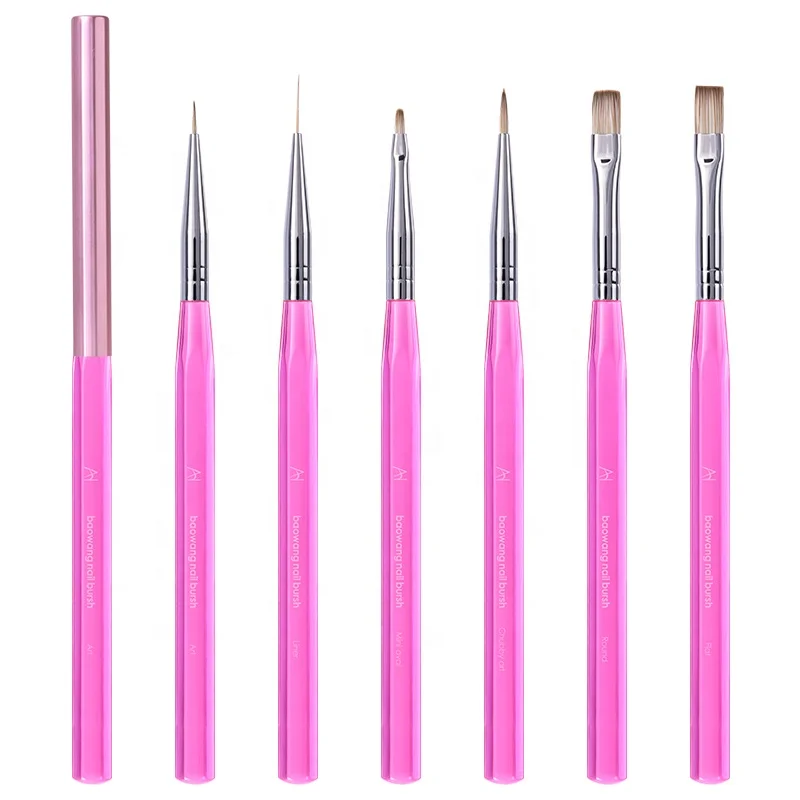 BW5 Nail supply Baowang Professional 6pcs Hot Pink Acrylic Handle Flat Nail Design brushes fine liner brush set for Nails Art