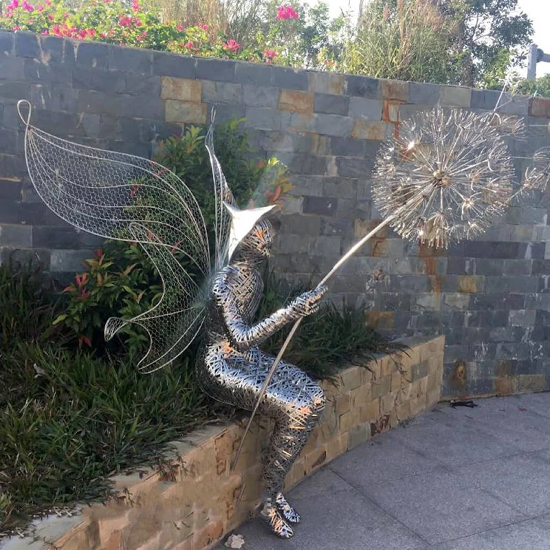 Hot Sale Stainless Steel Garden Decoration Life Size Dancing fairy with Dandelion Sculpture