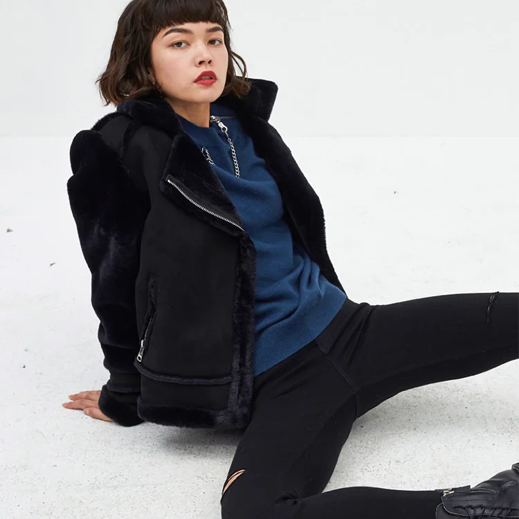 Casual Fashion Lapel Beige Black Color Women Faux Fur Coat Suede Leather Coat Jacket