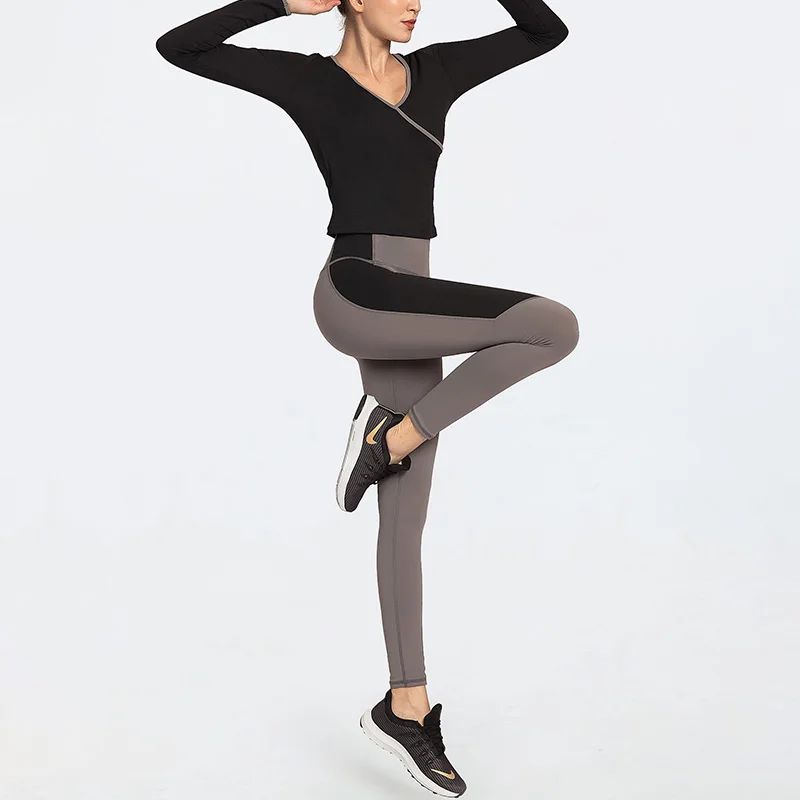 
Eco Friendly Women Sportswear V Neck Long Sleeve Fitness Shirt Gym Leggings Yoga Suit Sets 