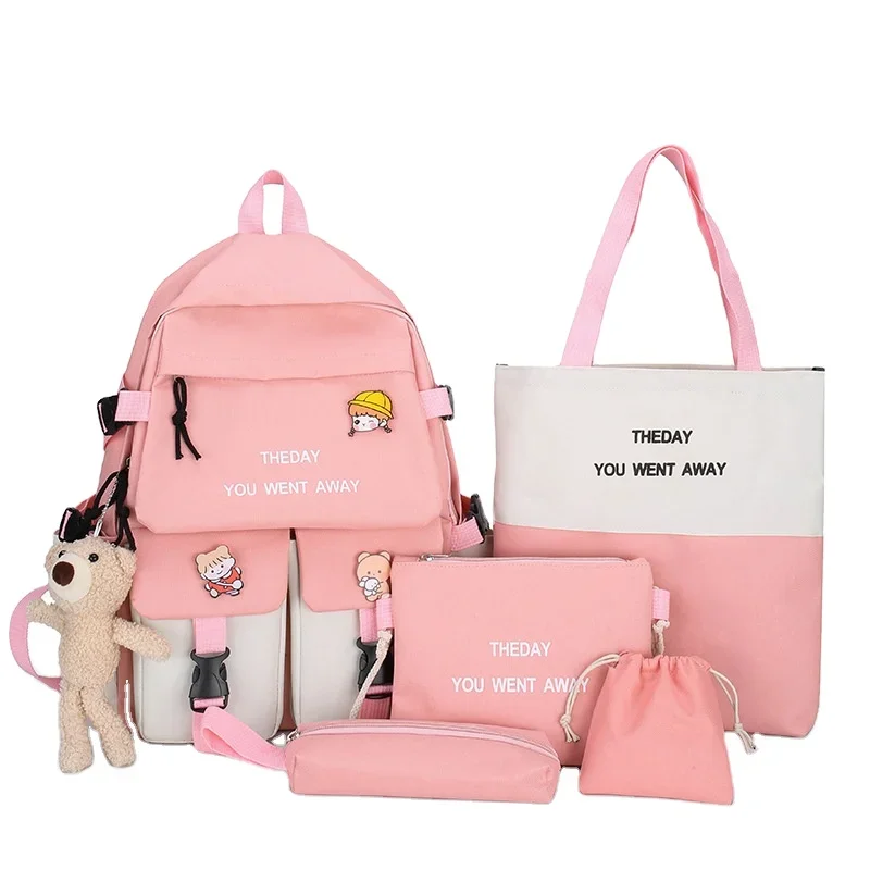 Teenagers Schoolbag Set for Girls Backpack Set School Backpack Fashion Geometric Canvas Polyester Custom Logo 5 in 1 7 Colors AY