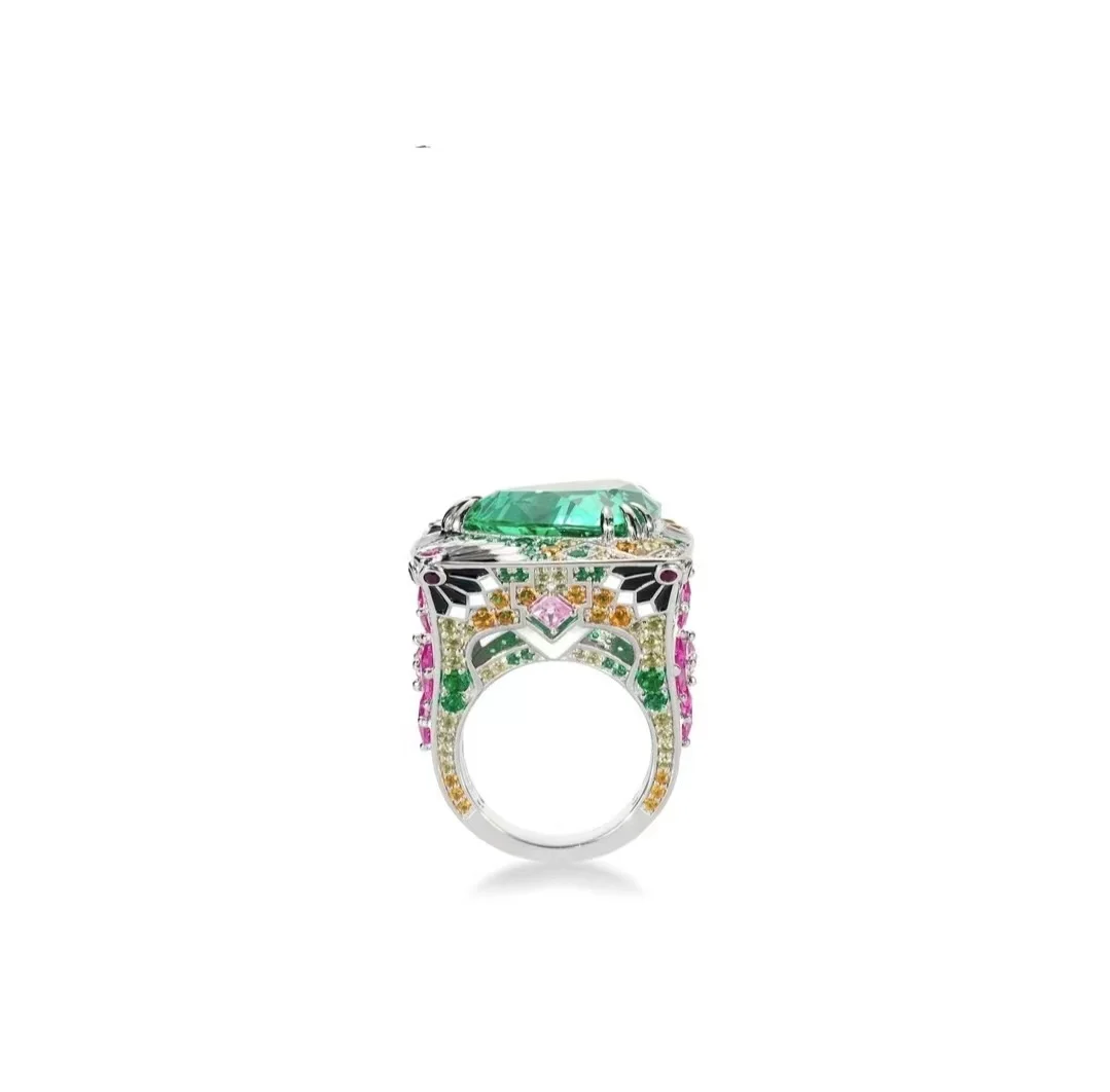 Wholesale Price of Fashionable 925 Sterling Silver Inlaid Synthetic Gemstone Green Monet Garden Luxury Ring
