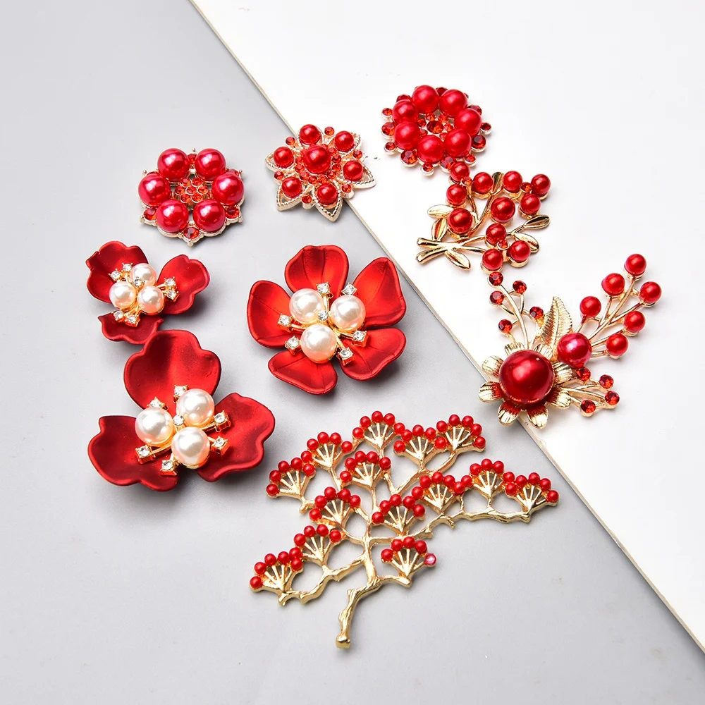 Retro Series Diy Alloy Accessories Red Color Flower Pearl Rhinestone Decoration Button For Clothing Brooch Bags Wedding Bouquet