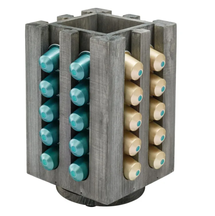 Vintage Gray Wood Rotating Coffee Capsules Pods Holder Espresso Pod Stand Carousel Dispenser Rack Holds 40 Capsules