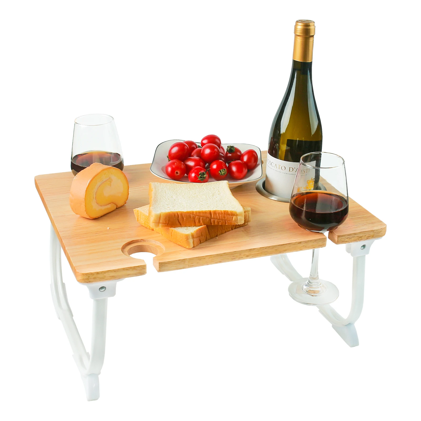 XH Foldable Picnic wine table with bottle holder, Portable beech table for outdoor camping, Wood bed tray with cup holder