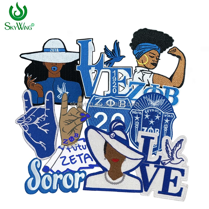 Serises Stock Blue & White Embroidery Sorority Zeta Phi Beta 1920 Soror Zeta Crest Round Zeta Hand Sign Iron Patch for Jackets