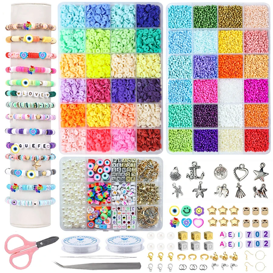 Hot Sale 6mm Polymer Clay Beads Bracelet Kit Diy Handmade Clay Charms Clay Fruit Beads Flat Beads With Scissors For Girls
