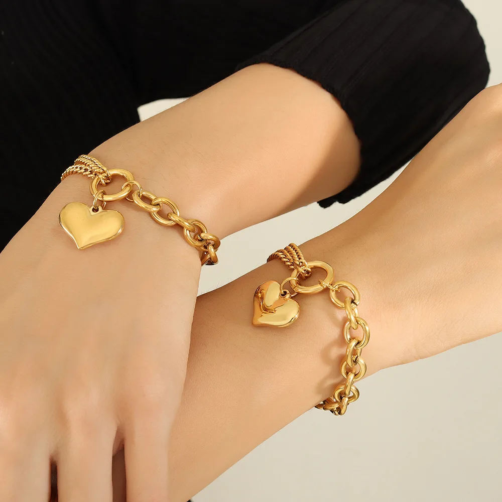 AIZL  fine jewelry bracelets bangles joyeria gold plated stainless steel Gold Heart Bracelet