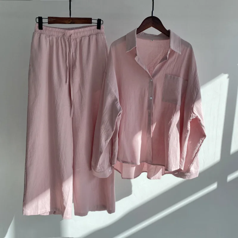 Wholesale New Lapel Long Sleeve Shirt Printed Linen Wide Leg Pants Set