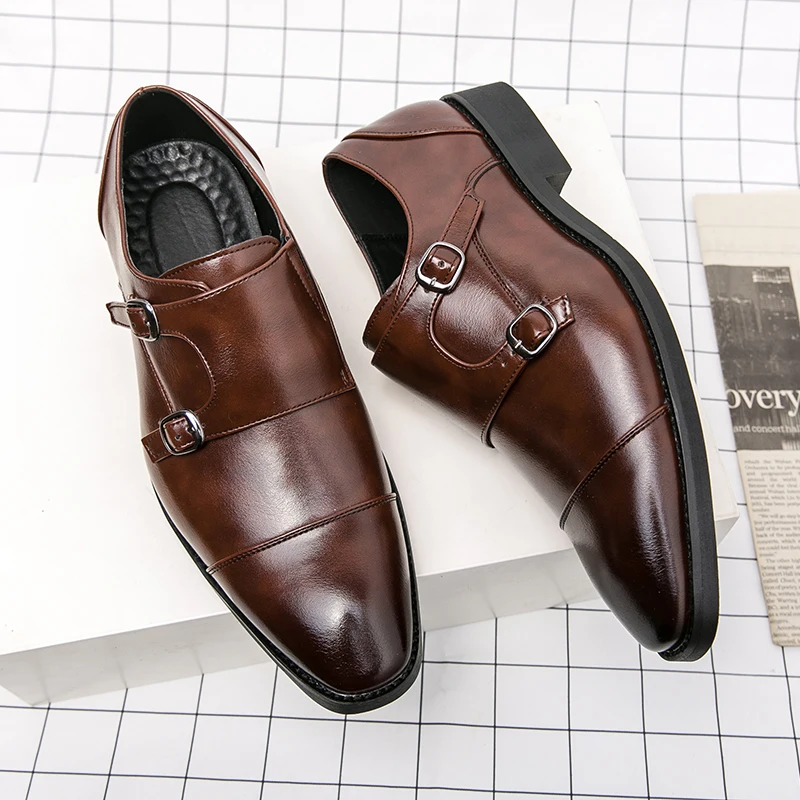 Male Leisure  Metal Decoration Square Loafers Shoes Double Buckle Wedding Party Slip-on Office Casual Shoes For Men Dress Shoes