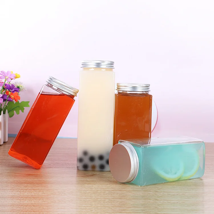 
Wholesale Aluminum Screw Lid Square Shaped Milk Tea Contianer Beverage 500ml Clear Plastic Juicy Bottles Pet 