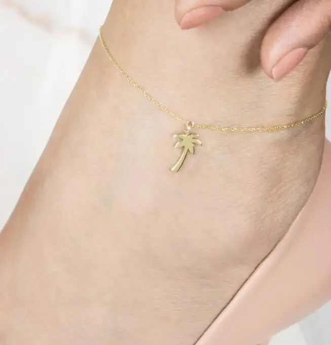 Custom Fashion Tropical Jewelry 18k Gold Adjustable Beach Charm Tiny Palm Tree Anklet bracelets for women stainless steel