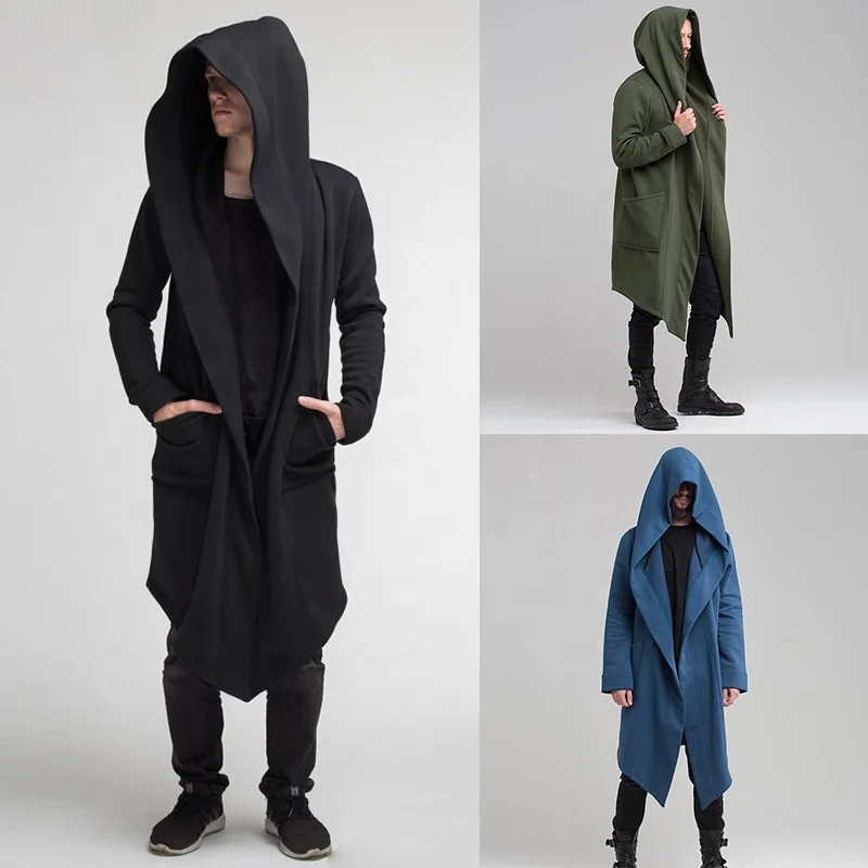 Mens Long Coats Fleece Hooded Cardigan Steampunk Cloak Hoodie Gothic Drape Cape Punk Jacket Autumn Clothes Frock Coat