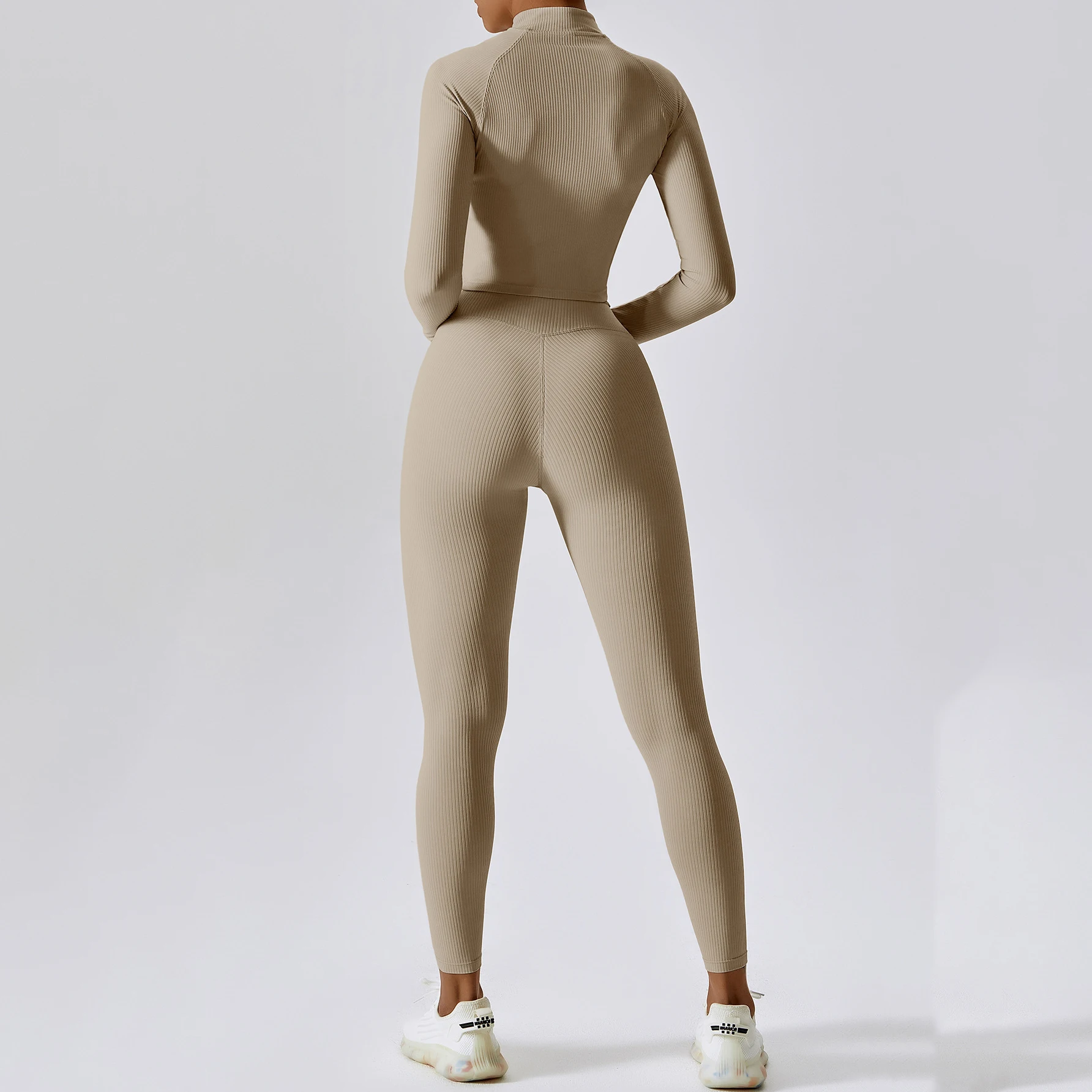 Custom Women Soft Comfort Quick Dry Ribbed V Cut Flare Pants and Jacket  Sports Bra Tops Set