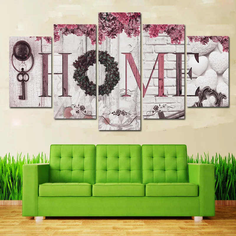 5 Pieces No Frame Pink English Letter HOME Canvas Painting Wall Art Print Poster For Living Home Room Decoration