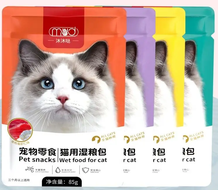 Pet Supplies OEM Custom 85g Cat Delicious Wet Food Treats Snacks Canned in Bag Food Shrimp Tuna Chicken Breast Cod Tin Can