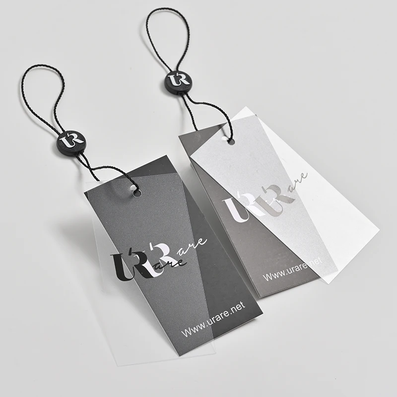 Custom Luxury 800gsm Thick Clothing Hang Tag Cardboard Garment Tags Transparent Frosted PVC Hang Tags With the Plastic Lock Rope