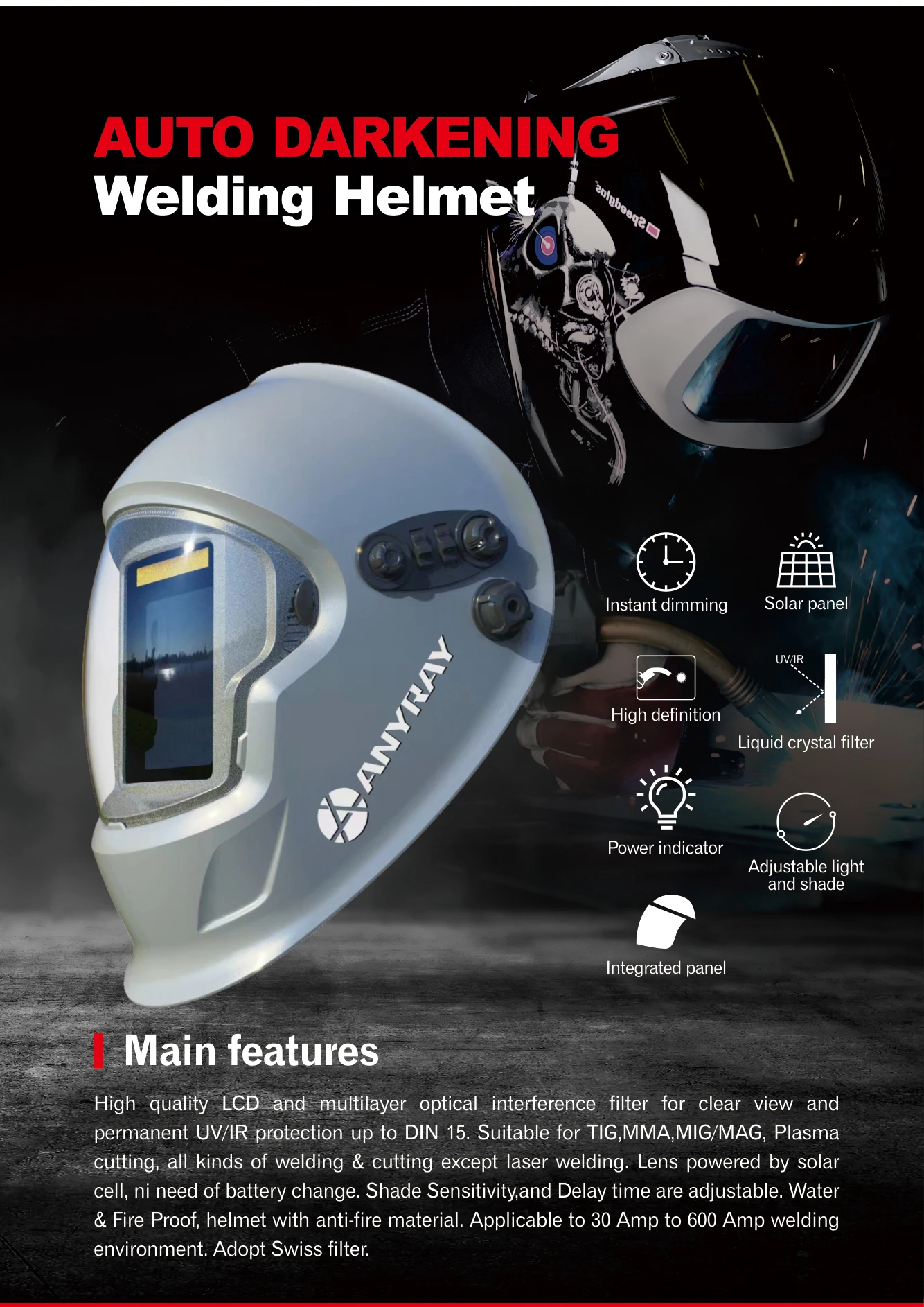 Anyray Rdm-728 Safety Video Screen China Grinding Work Rechargeable Decorative Autocut Industrial Helmets Battery Welding Helmet