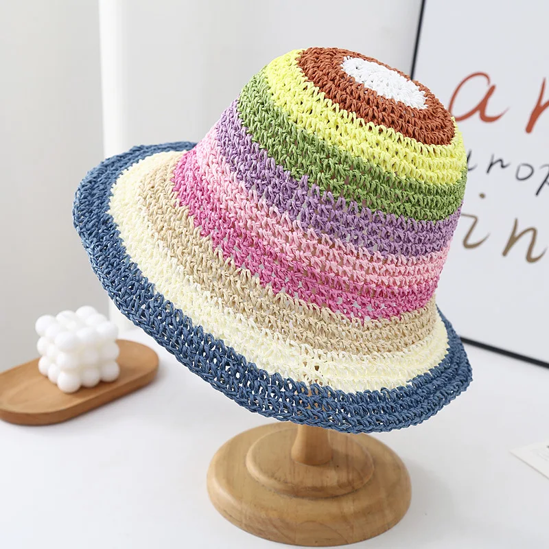 Handmade Rainbow Straw Hat Sunscreen Shading Fisherman cap Braided Striped High Quality Crochet Bucket Straw Hat