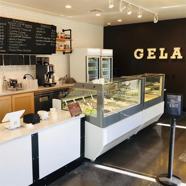 Curved Glass Door Countertop Display Freezer Ice Cream Fridge Machine 16 Pans Storage Container