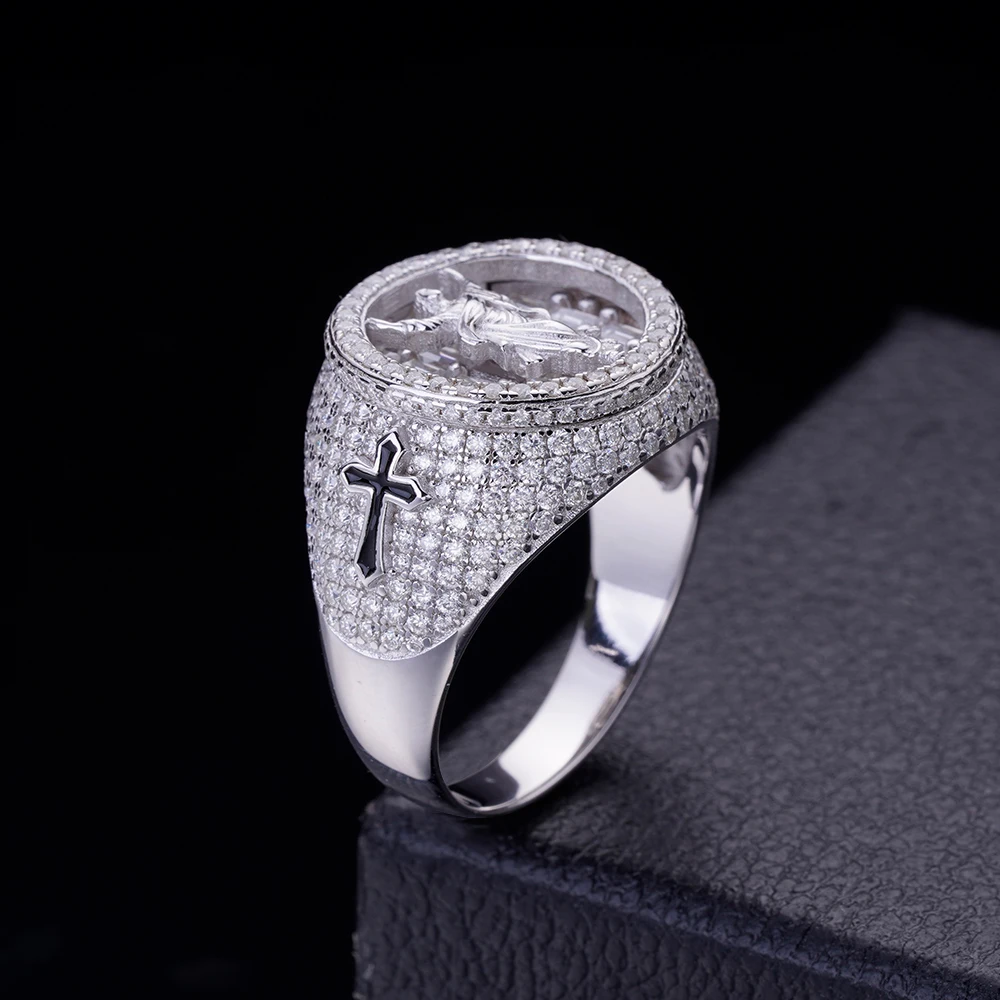 Hip Hop Ice Out Baguette 5A Cubic Zirconia Christian Religious 925 Silver Rhodium Plated Jesus Rings