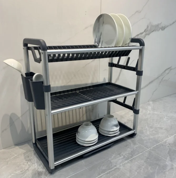 Storage Holder Dish Drying Rack Kitchen Organizer Drain Bowl Plate Rack 2 Tier Aluminum Dish Drainer Rack with Cup Holder