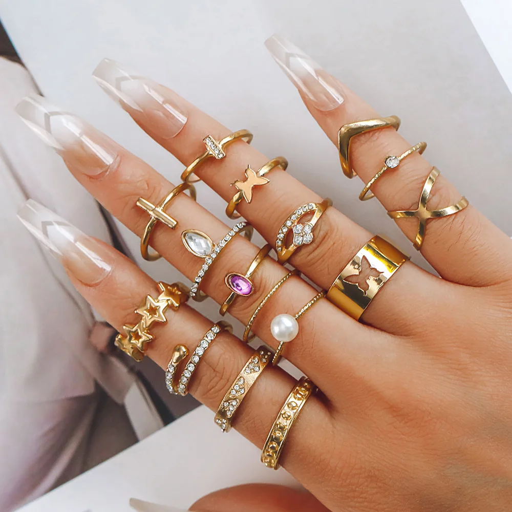 2023 Vintage Gold Color Heart Rings Set For Women Men Hollow Butterfly Pearl Cross Geometric Rings Trendy Finger Jewelry