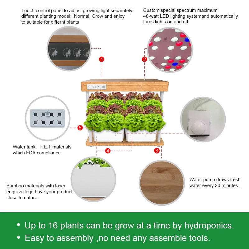 GMY Bamboo Hydroponics growing system 16 Pod Planter Balcony Flowerpot Indoor Growing Lighting hydroponics system for home use