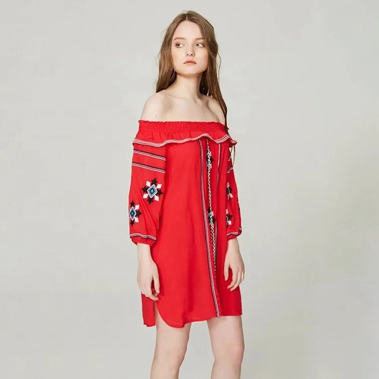 National Style Women Embroidered Casual Scoopneck Elastic Ruffles Collar Dress For Girls