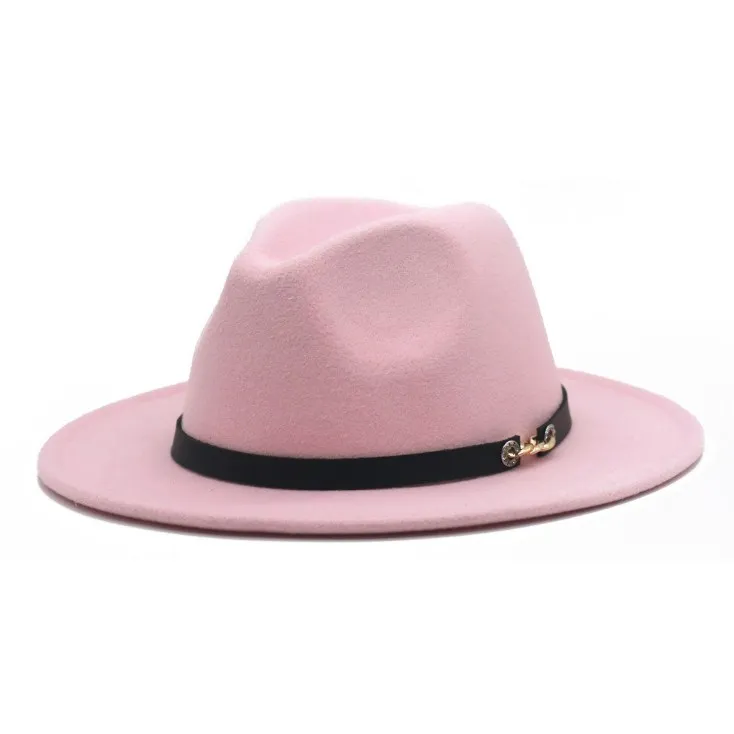 Wholesale Fashion Gold Chain Jazz Hat Autumn Winter Women Pink Wide Brim Wool Felt Fedora Hats