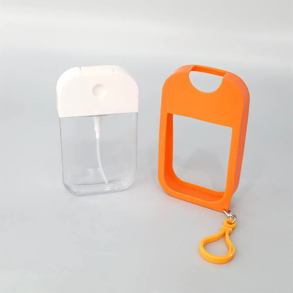 Custom Portable Travel 50ml Refillable Empty Plastic Spray Bottles Card Perfume Atomizer with Silicone Case Keyring