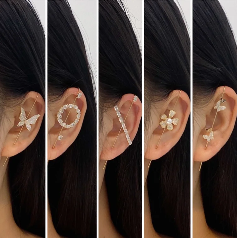 Micro zircon Style Butterfly Ear Bone Earrings Real Gold ear hanging piercing earrings around the auricle ear bone clip  Earring