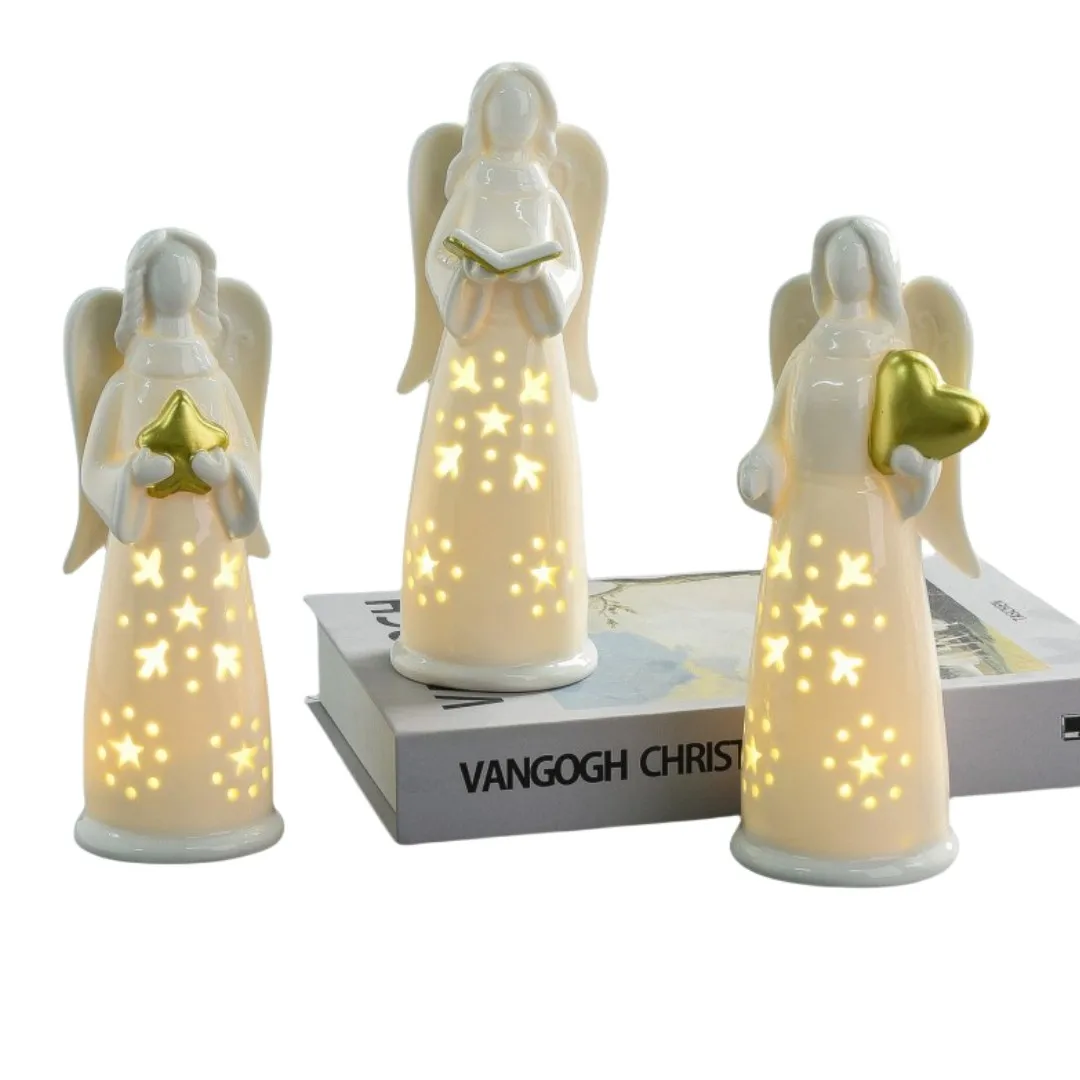 Small Ceramic Angels With Led Lighted White Ceramic Christmas Angel Figures