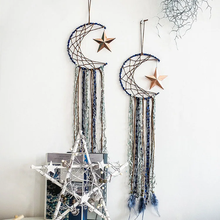 Голубой Ловец снов ручной работы полукруглый лунный дизайн перо Подвеска со