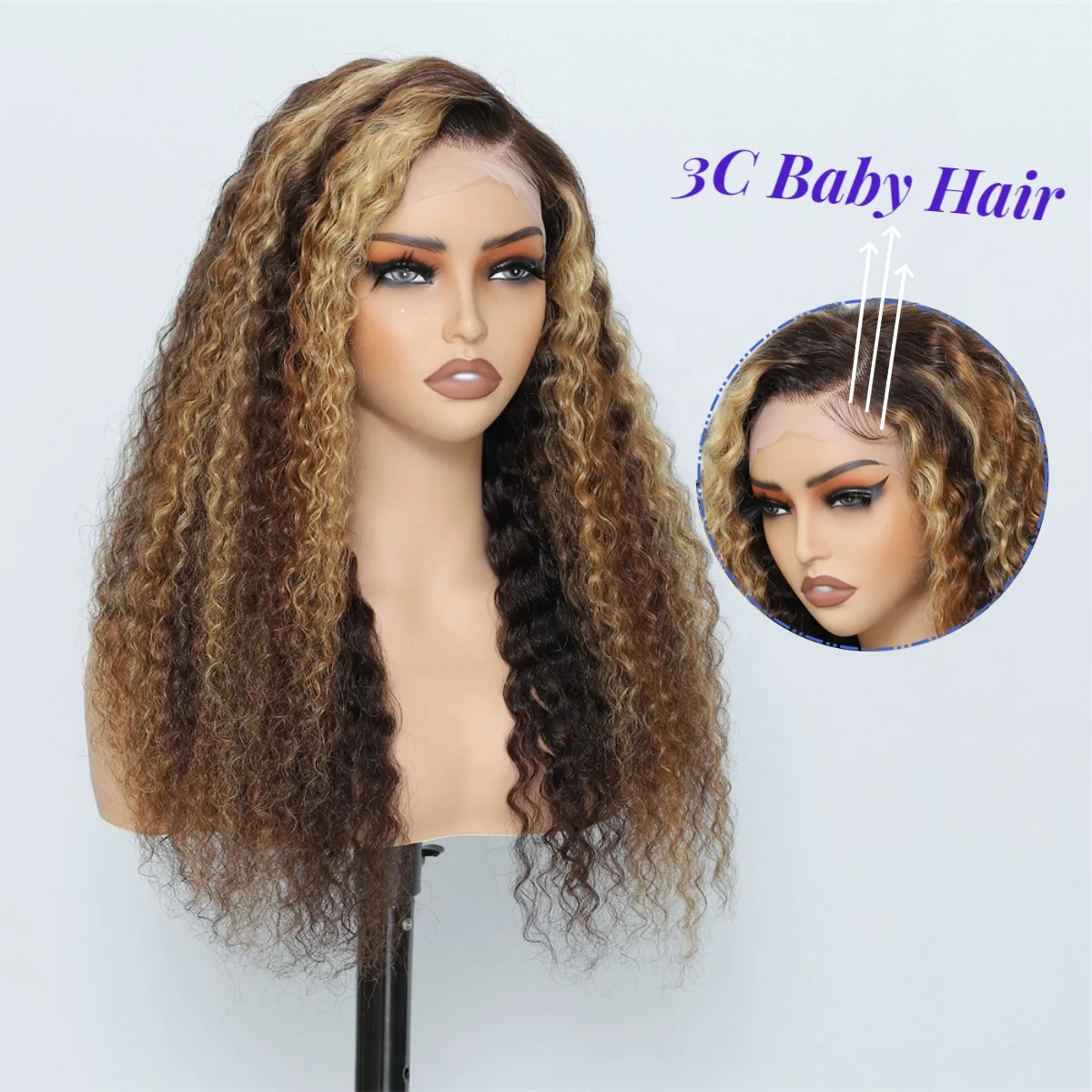New Pre Plucked Hairline Deep Wave 13x4 HD Transparent Lace Frontal Wigs,3C Baby Hair Highlight Color Brazilian Human Hair Wig