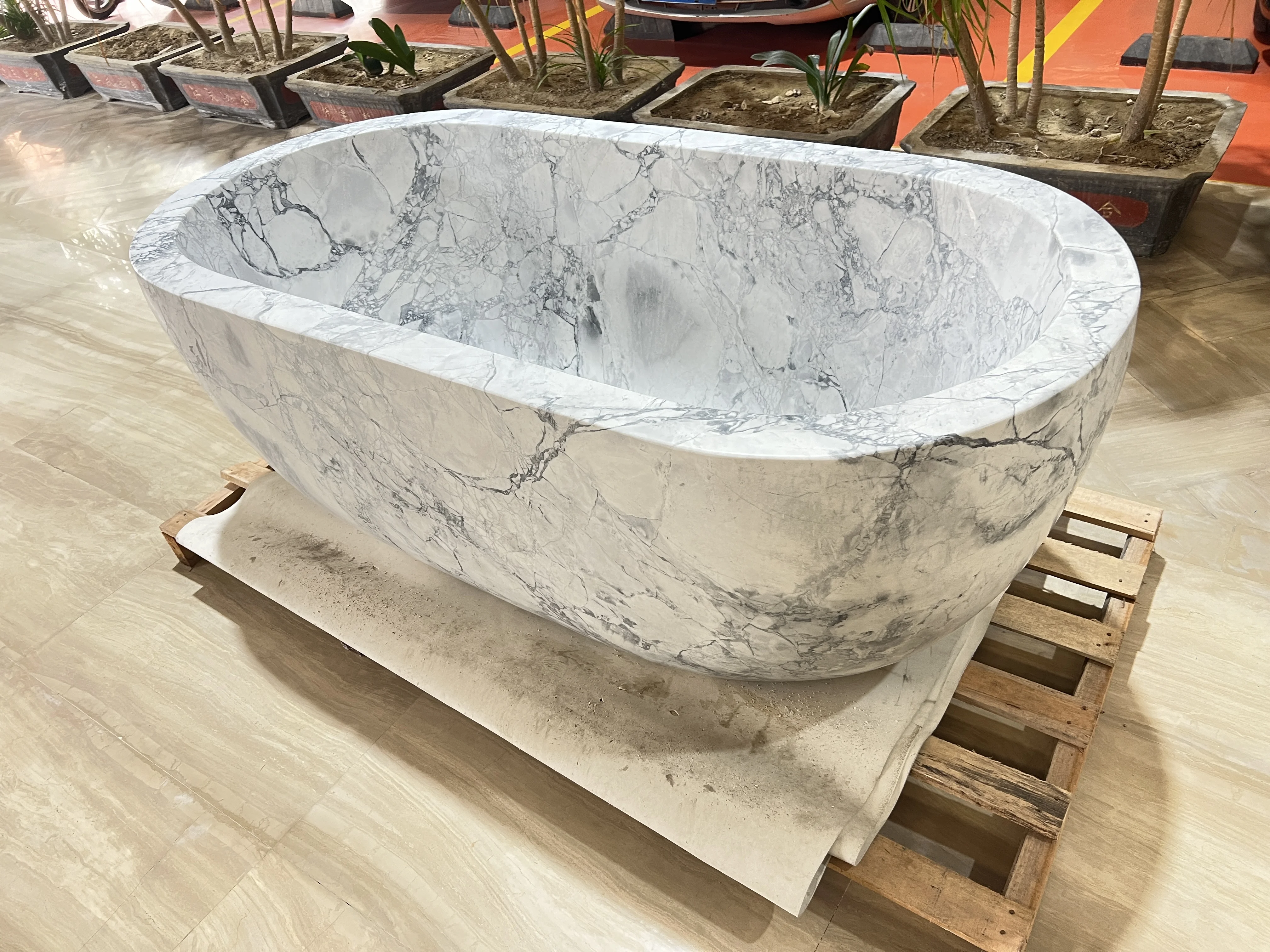 European Style Natural Stone Indoor Carrara White Oval Marble Bathtub
